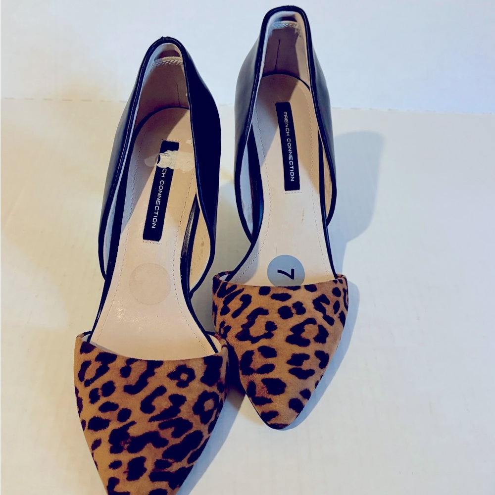 French Connection Women’s D’Orsay Size 7 Black Leather Leopard Heels